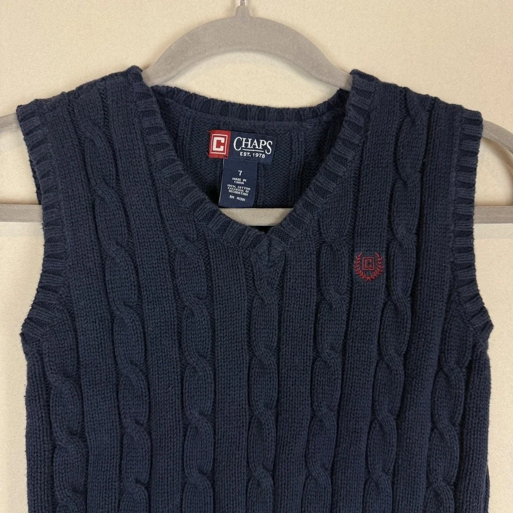 Chaps Sweater Vest Boys 7 Blue Cable Knit V Neck Cotton Preppy School Layering